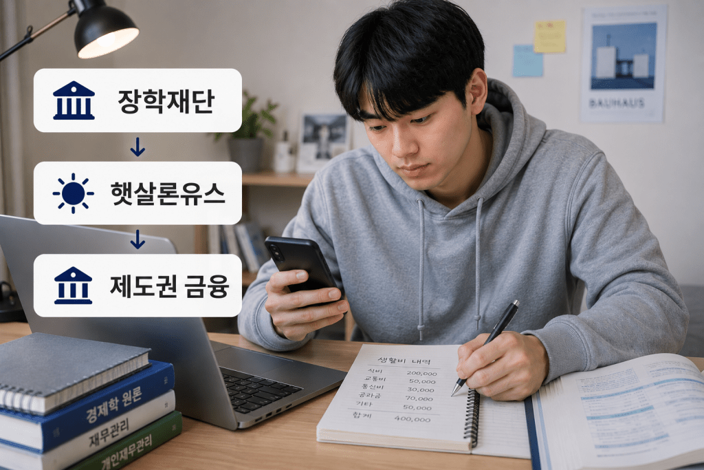 휴대전화를 보는 남성과 제도권 금융 안내