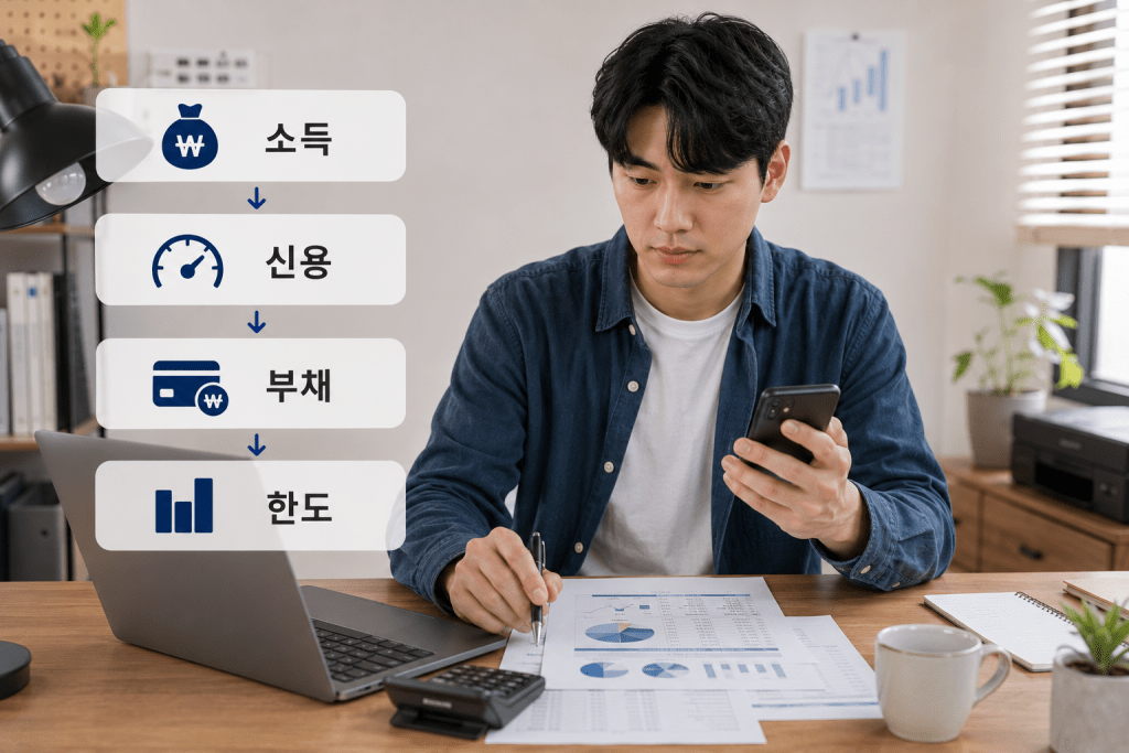 휴대전화를 보는 남성과 소득·부채 확인 항목
