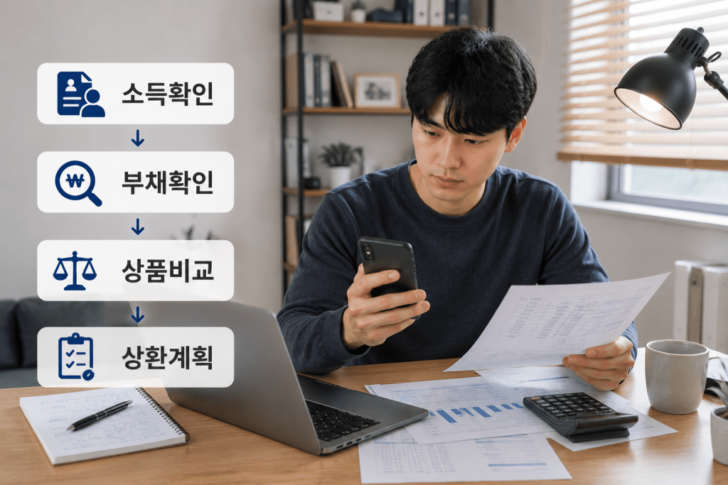 서류를 보는 남성과 상환계획 확인 항목