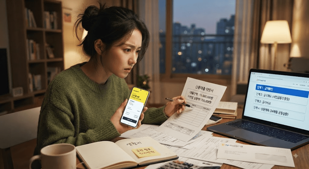 책상에 펼친 서류를 검토하는 여성