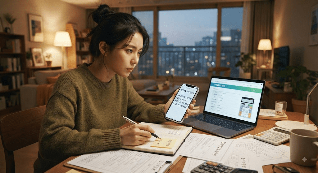 노트북 화면과 서류를 확인하는 여성