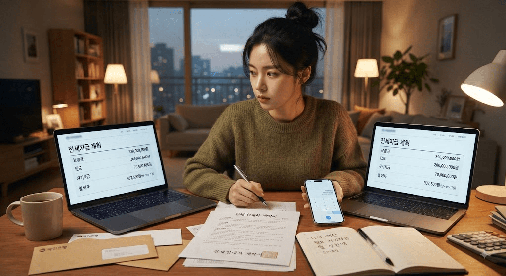 노트북 화면과 서류를 확인하는 여성