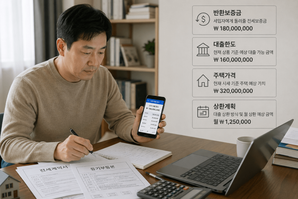 휴대전화와 서류를 확인하는 남성 옆의 금융 항목 안내
