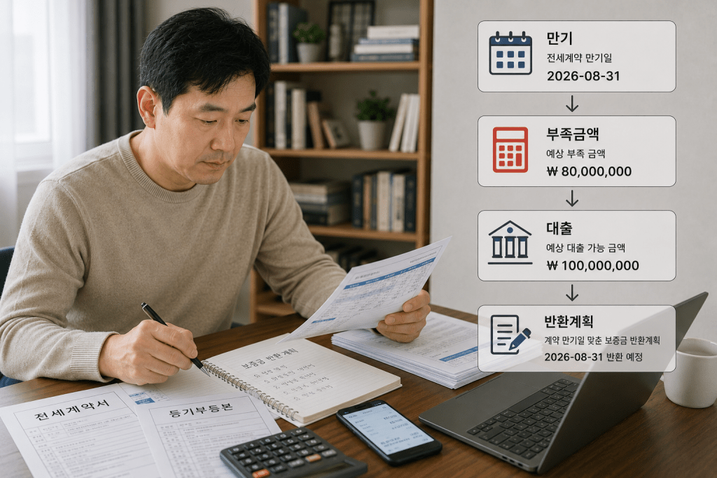 서류를 검토하는 남성 옆의 신청 항목 안내
