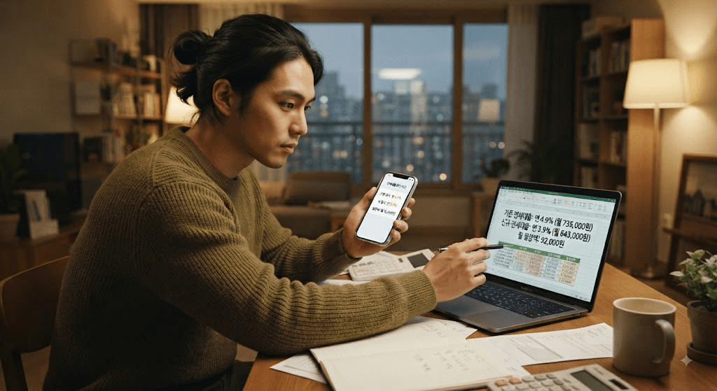 노트북 화면과 서류를 확인하는 여성