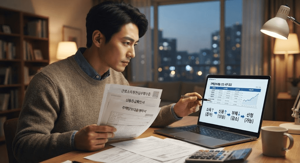 노트북 또는 컴퓨터 화면과 서류를 확인하는 남성