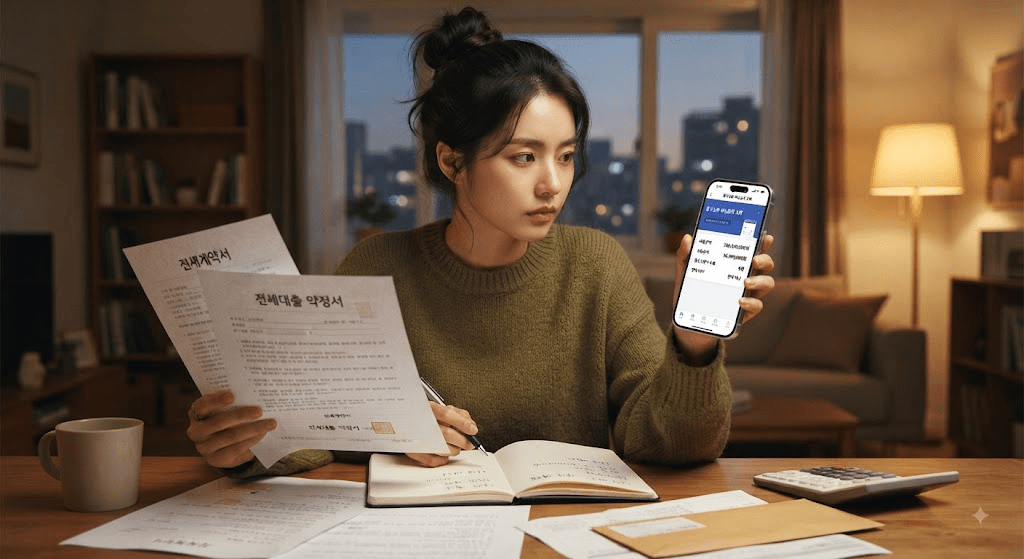 휴대전화 화면을 확인하는 여성