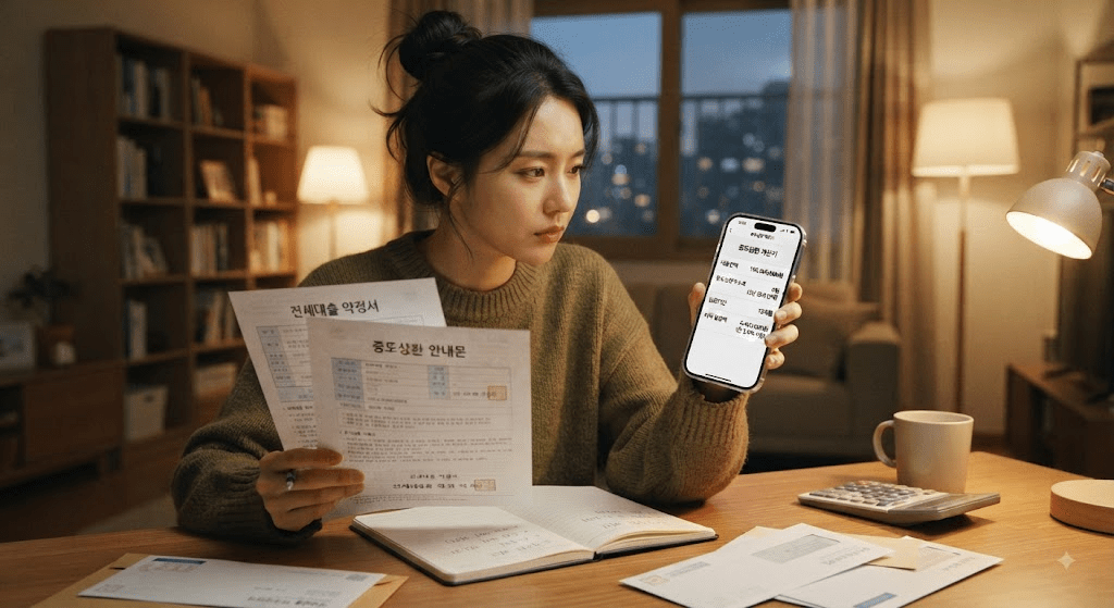 휴대전화 화면을 확인하는 여성