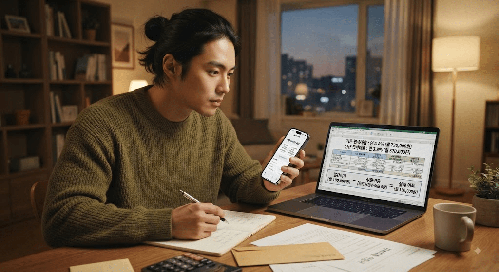노트북 또는 컴퓨터 화면과 서류를 확인하는 남성