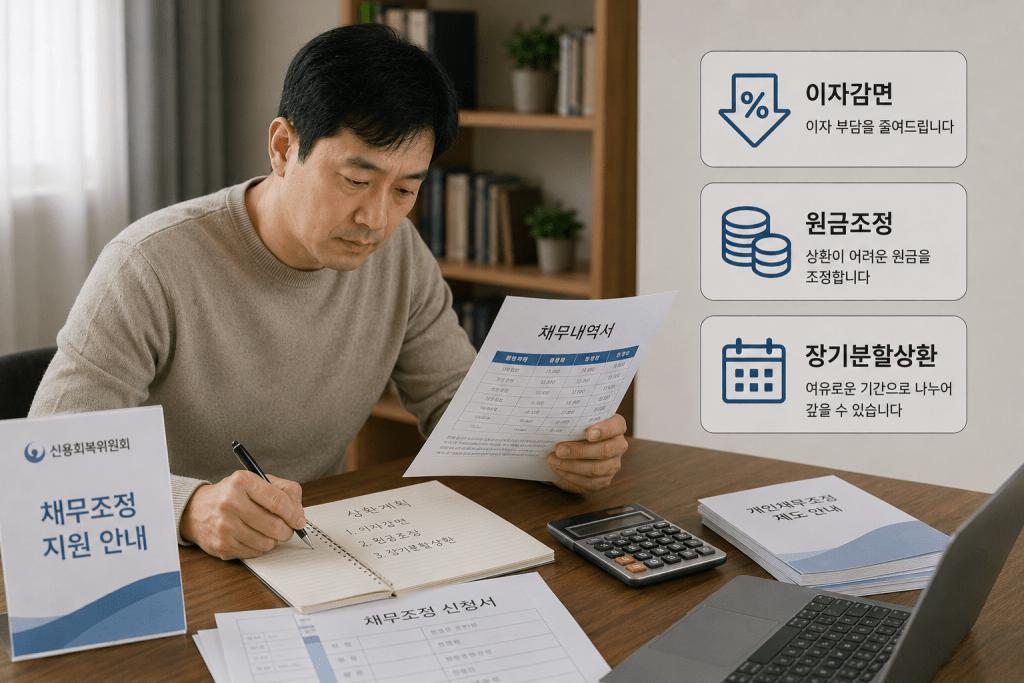 책상에 펼친 서류를 검토하는 남성