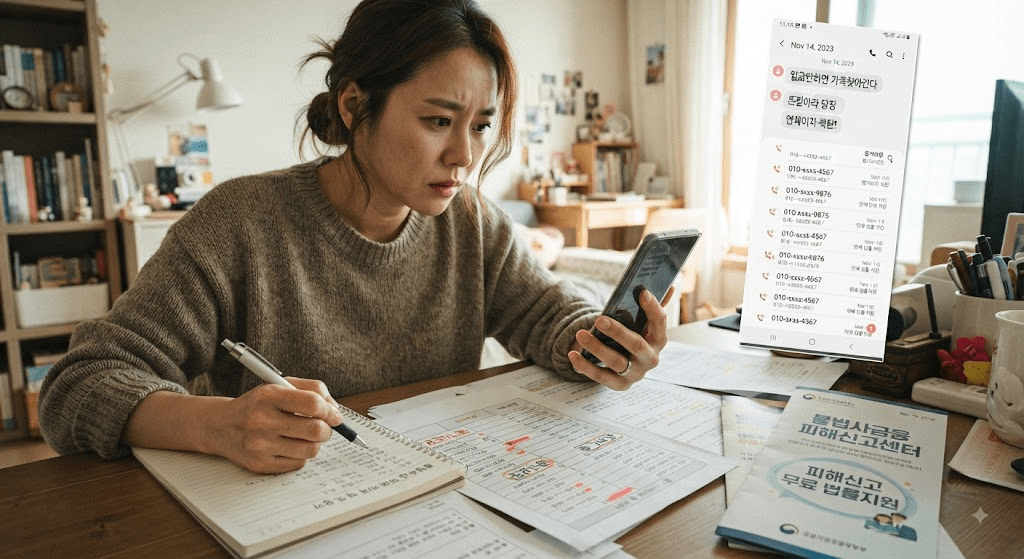 휴대전화 화면을 확인하는 여성