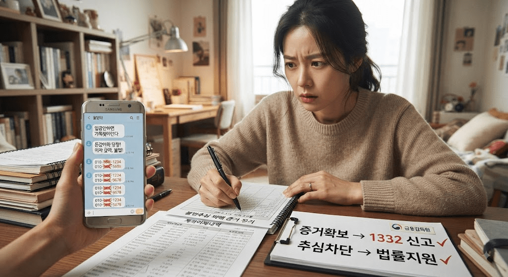 휴대전화 화면을 확인하는 여성