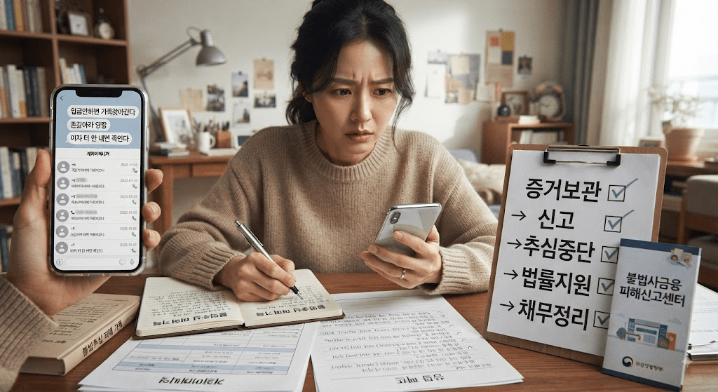 휴대전화 화면을 확인하는 여성