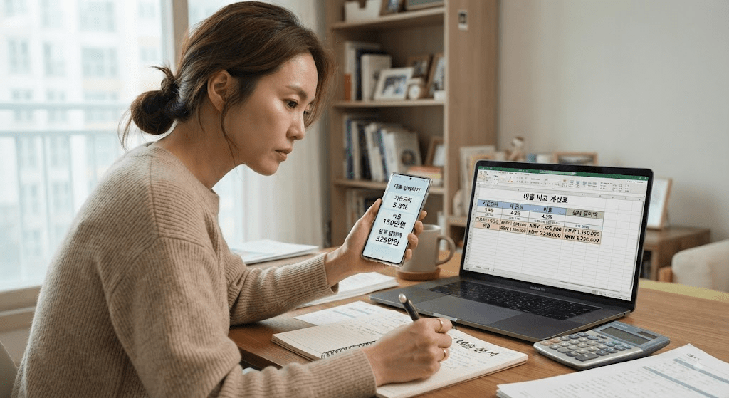 휴대전화 화면을 확인하는 여성
