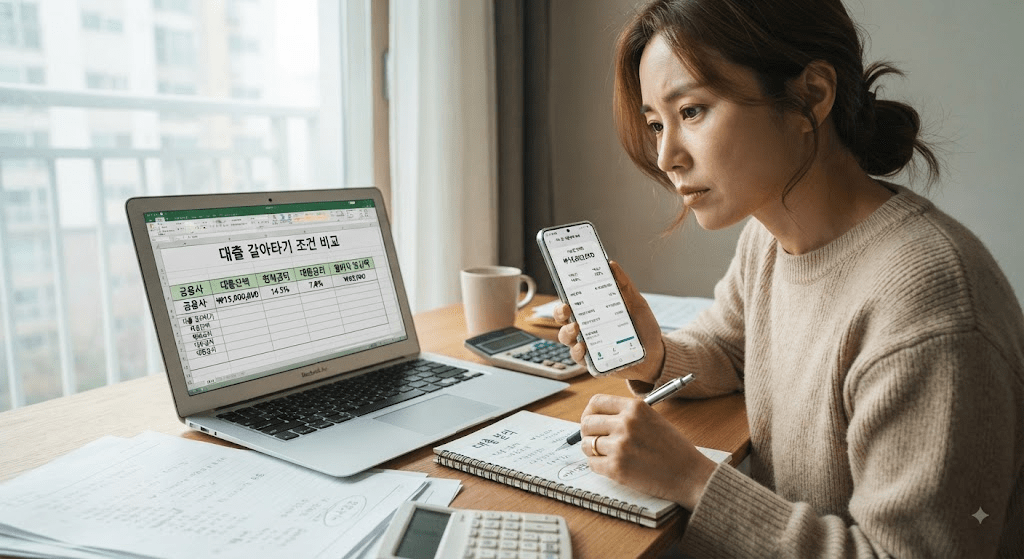 휴대전화 화면을 확인하는 여성