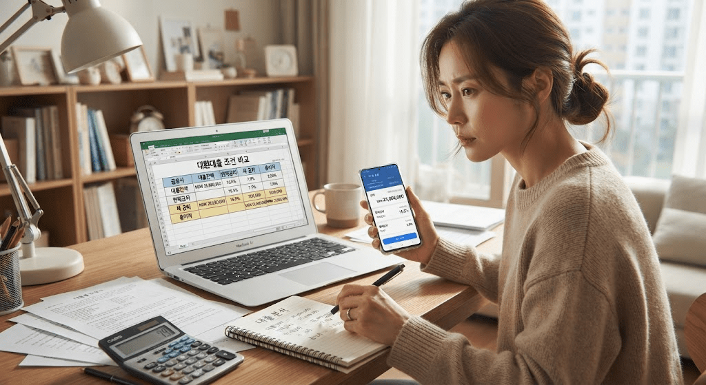 휴대전화 화면을 확인하는 여성