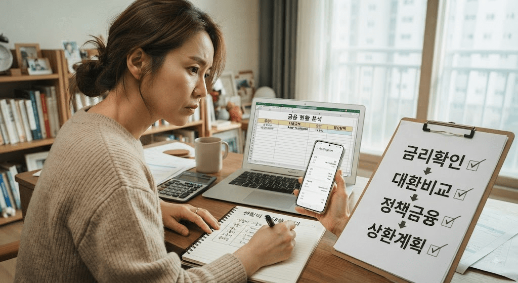 태블릿과 휴대전화 화면을 확인하는 여성