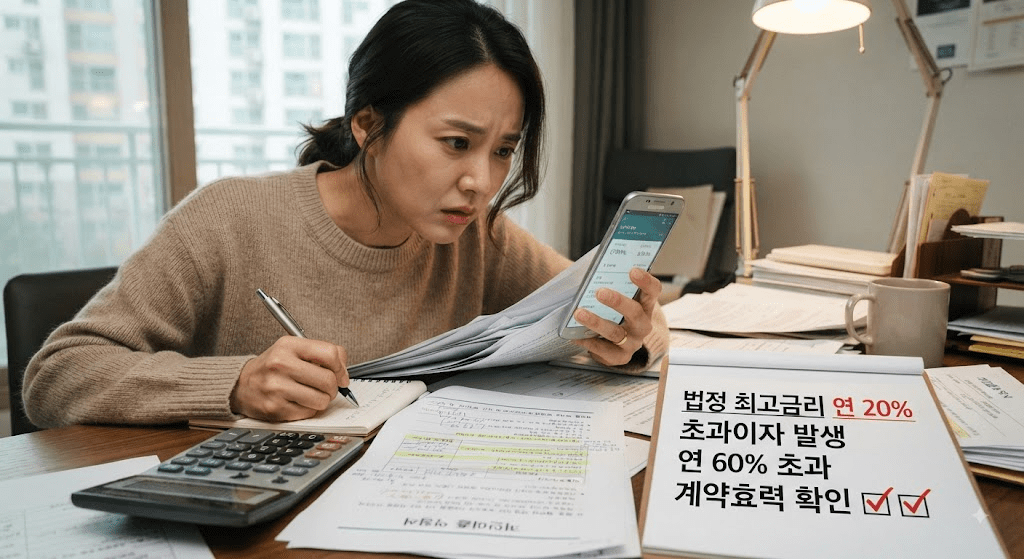 휴대전화 화면을 확인하는 여성