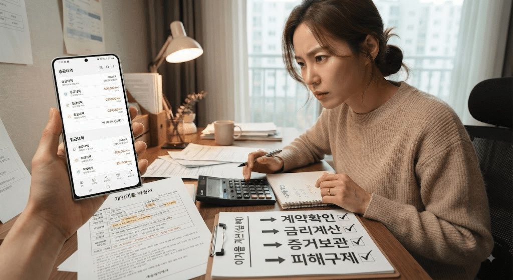 휴대전화 화면을 확인하는 여성