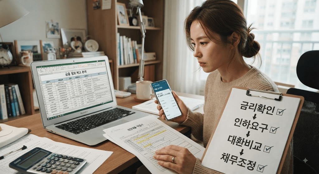 휴대전화 화면을 확인하는 여성