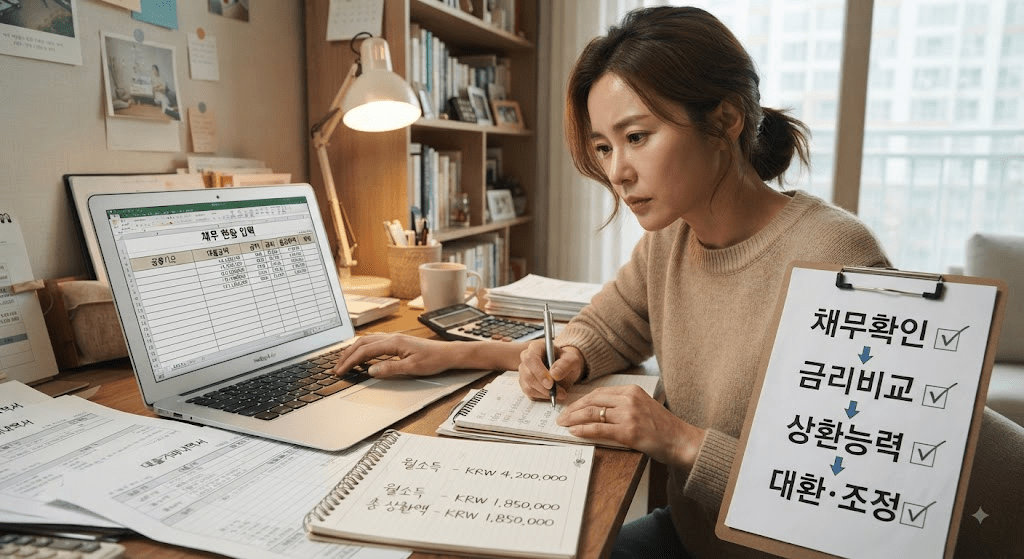노트북 화면과 서류를 확인하는 여성