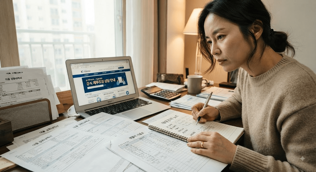노트북 화면과 서류를 확인하는 여성