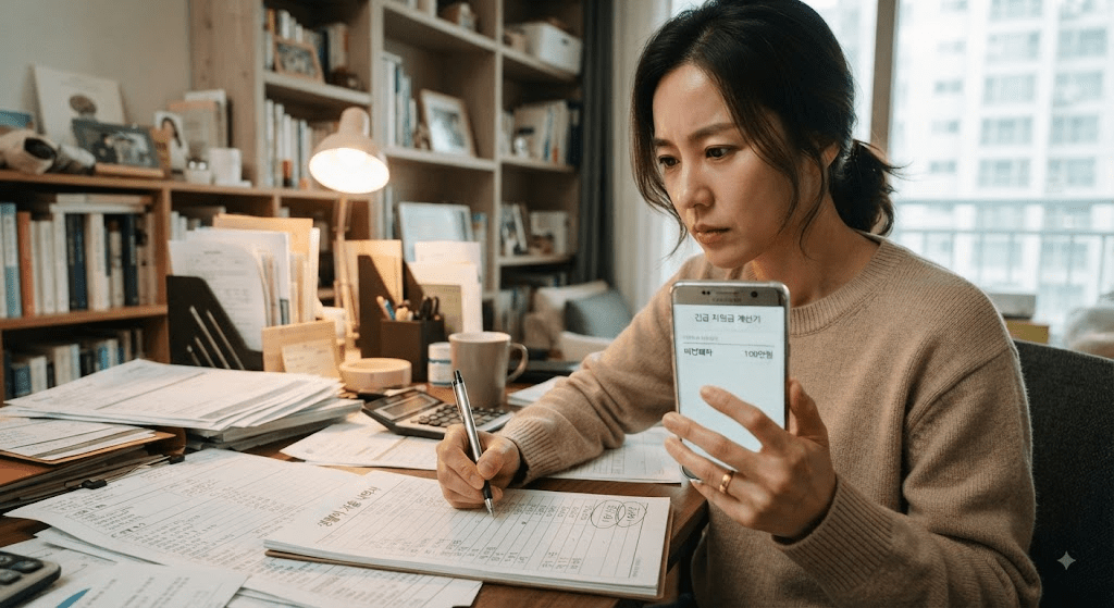 휴대전화 화면을 확인하는 여성