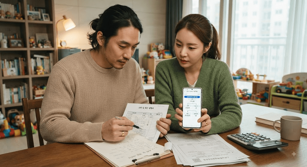 휴대전화와 안내 자료를 함께 확인하는 두 여성