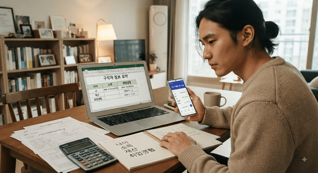 노트북 화면과 서류를 확인하는 여성
