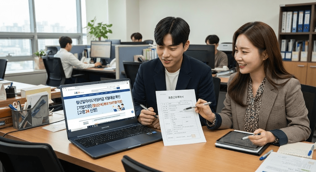 상담 창구에서 서류를 함께 검토하는 두 사람