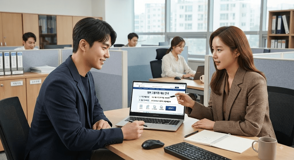 상담 창구에서 서류를 함께 검토하는 두 사람
