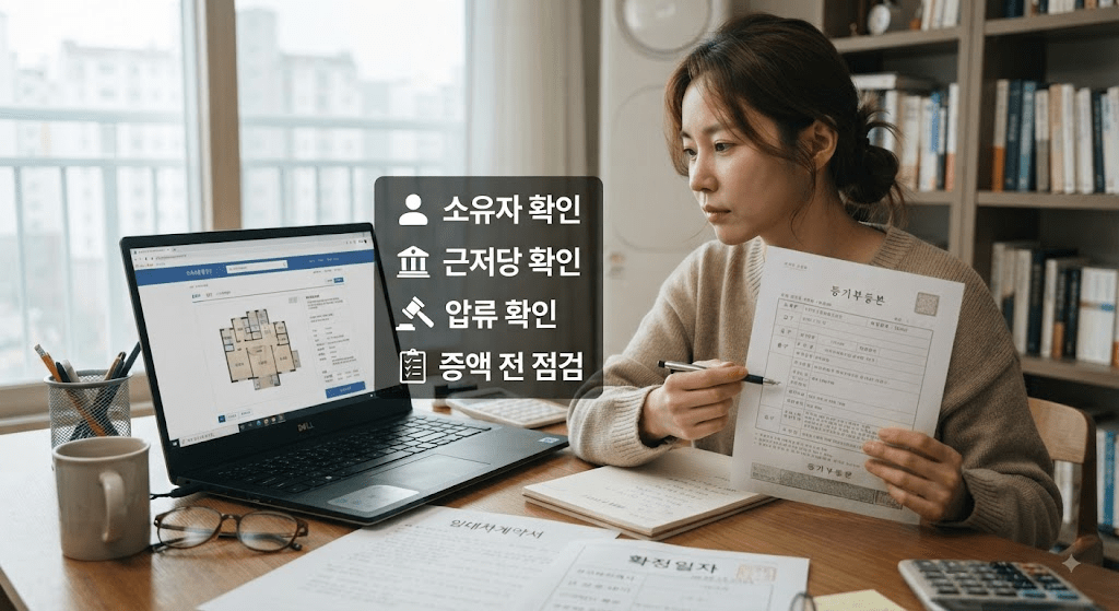 계약 관련 확인 항목이 표시된 서류를 검토하는 여성