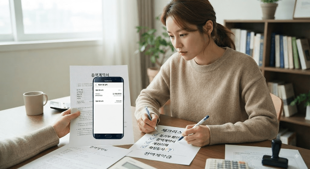 계약 서류와 스마트폰을 함께 확인하는 여성