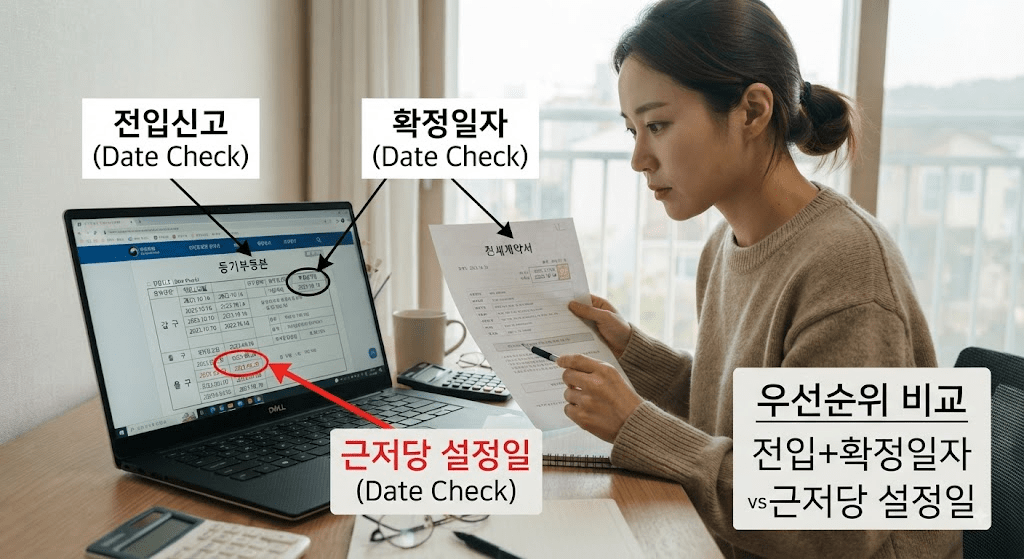 계약 날짜와 권리 확인 자료를 확인하는 여성