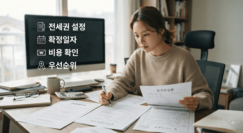 계약 관련 확인 항목이 표시된 서류를 검토하는 여성