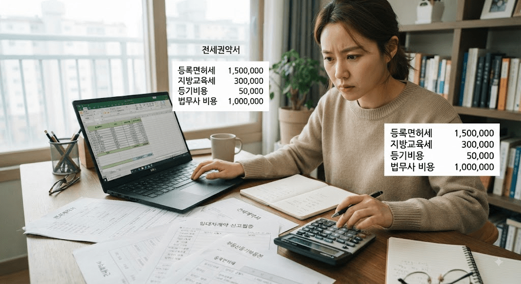 노트북과 계산기로 계약 비용 자료를 확인하는 여성