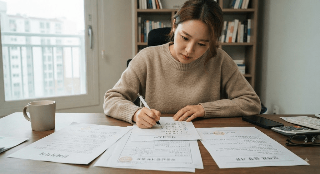 계약 관련 확인 항목이 표시된 서류를 검토하는 여성
