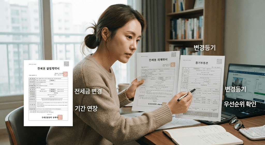 계약 관련 확인 항목이 표시된 서류를 검토하는 여성