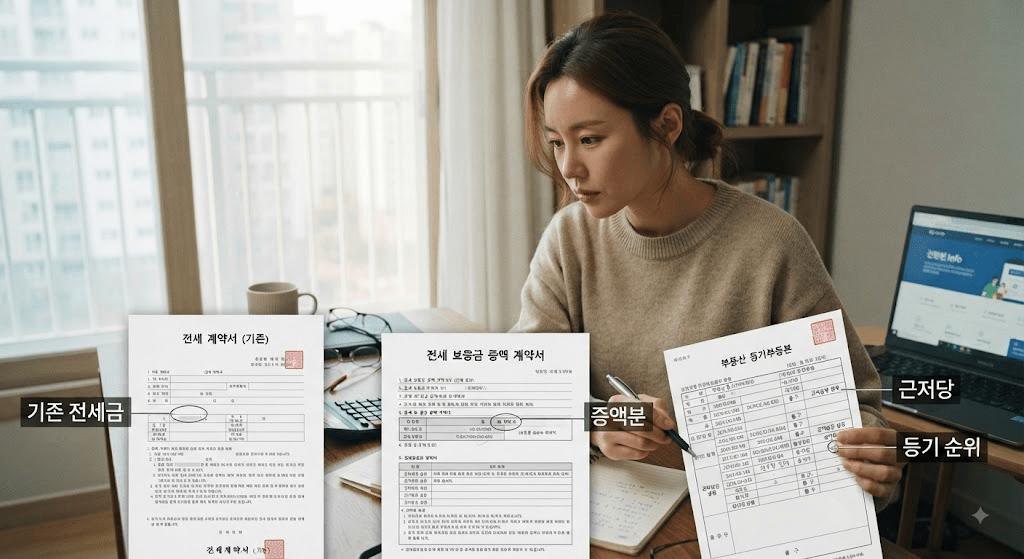 계약 관련 확인 항목이 표시된 서류를 검토하는 여성