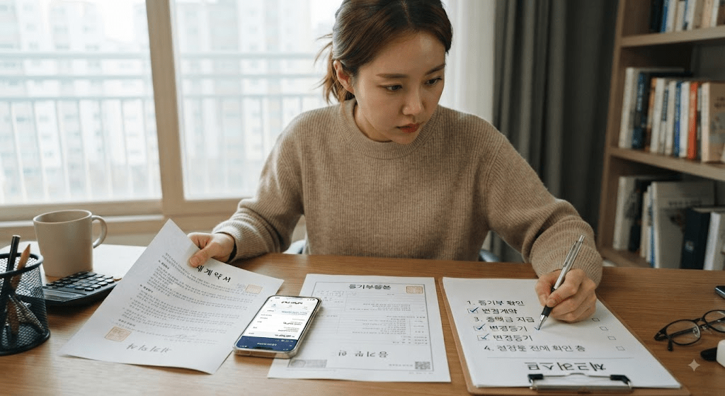계약 관련 확인 항목이 표시된 서류를 검토하는 여성