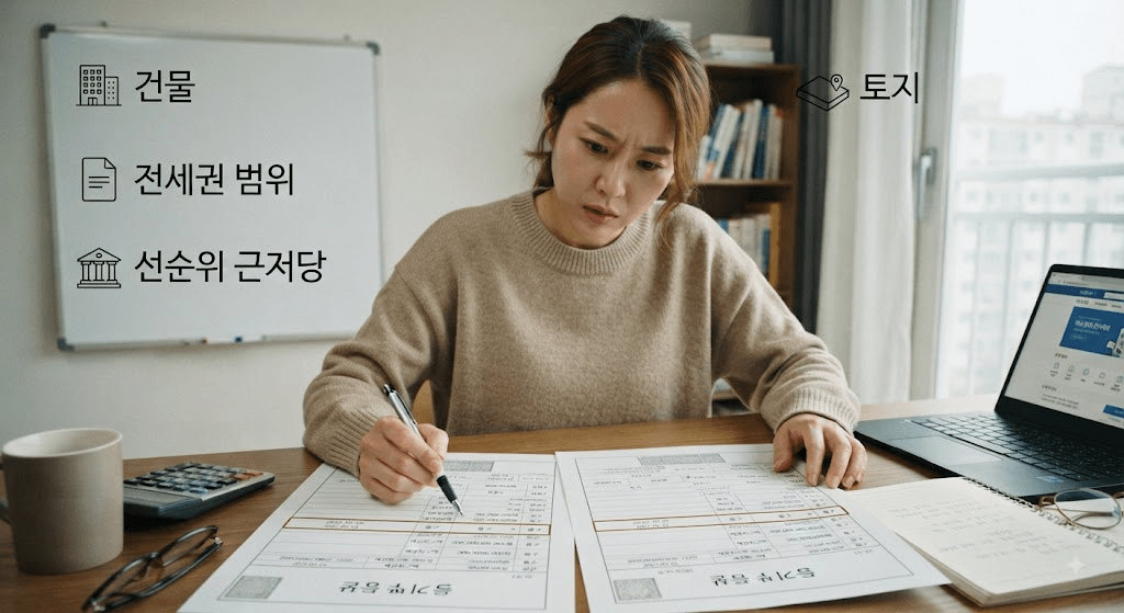 계약 관련 확인 항목이 표시된 서류를 검토하는 여성