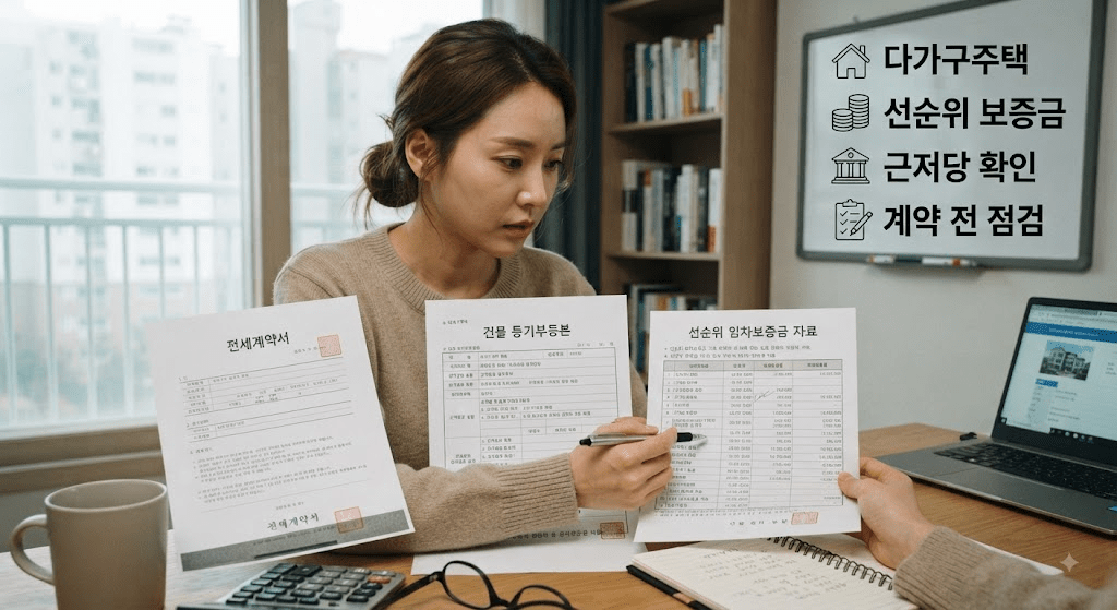 두 계약 서류를 비교하는 여성