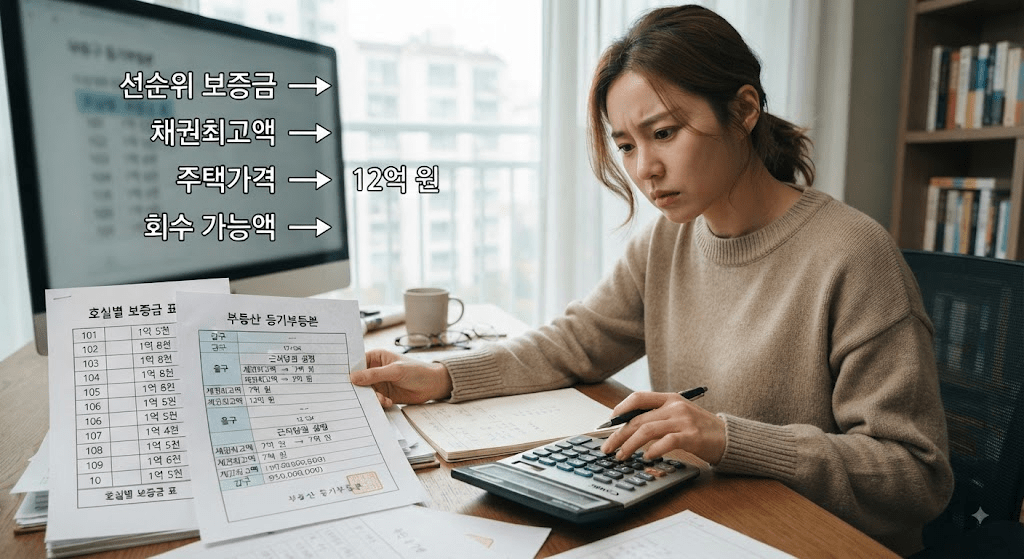 계약 관련 확인 항목이 표시된 서류를 검토하는 여성