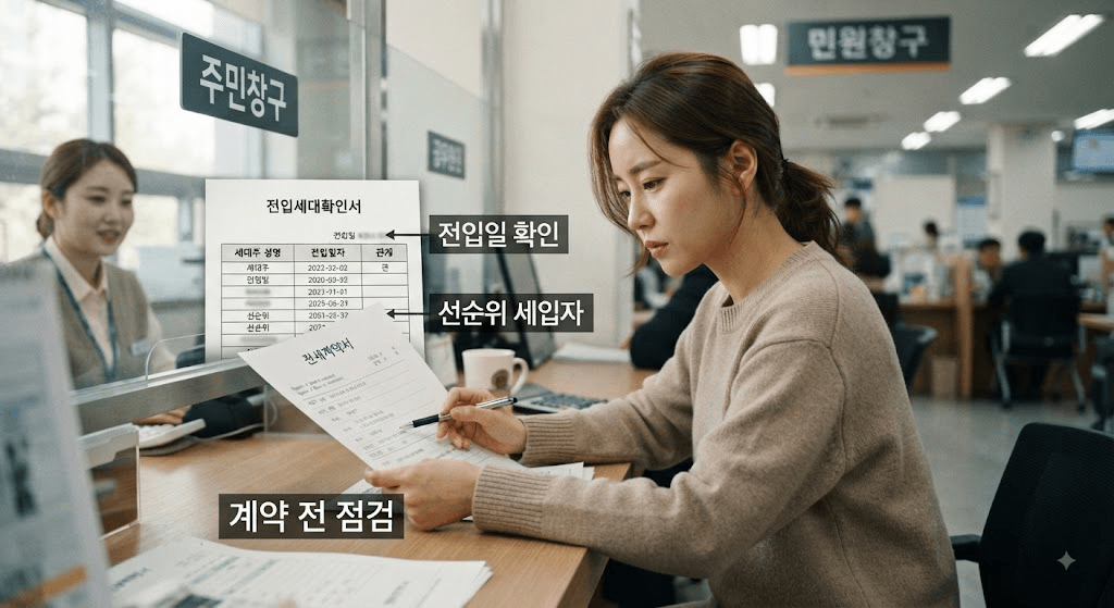 주민센터 창구에서 계약 서류를 확인하는 여성