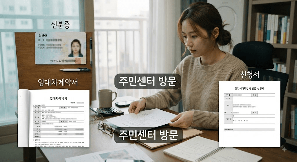주민센터 방문 안내와 계약 서류를 확인하는 여성