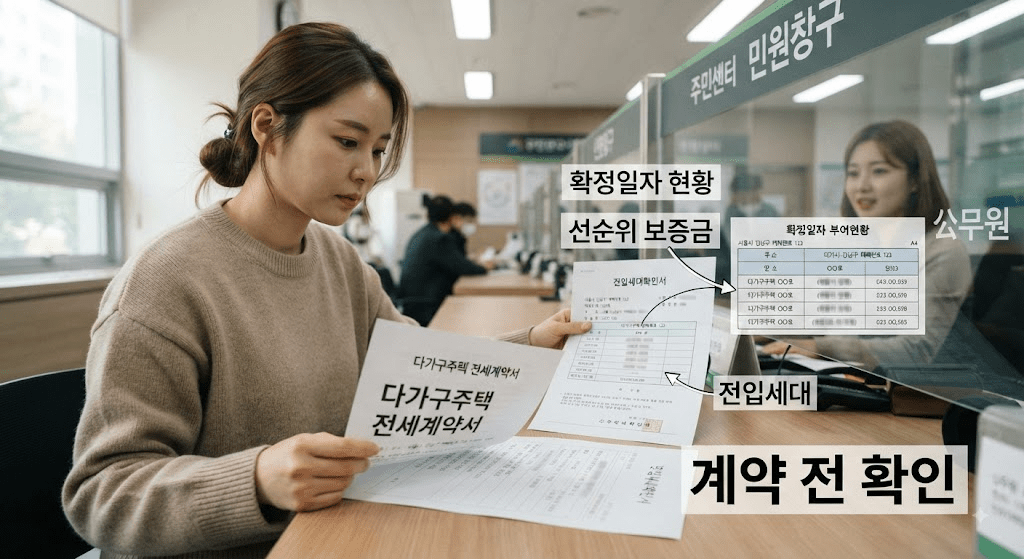 계약 전 확인 사항이 표시된 자료를 읽는 여성