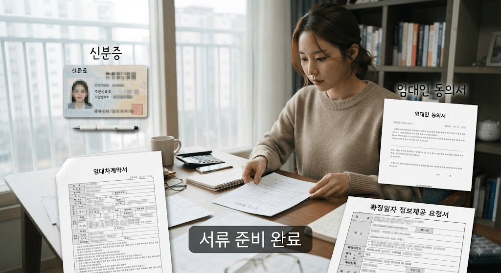 계약 관련 확인 항목이 표시된 서류를 검토하는 여성