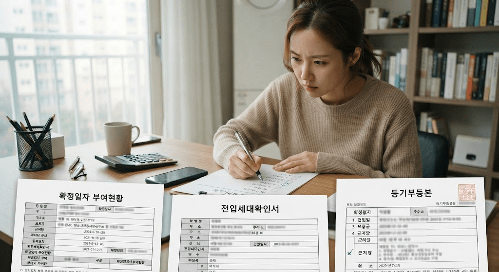 계약 관련 확인 항목이 표시된 서류를 검토하는 여성