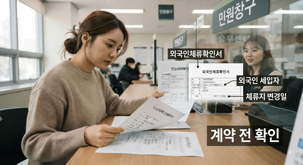 계약 신청 확인 항목을 보며 서류를 읽는 여성