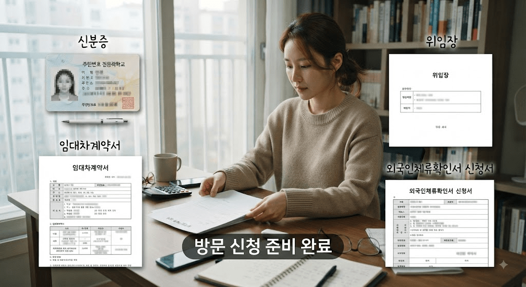 계약 관련 확인 항목이 표시된 서류를 검토하는 여성